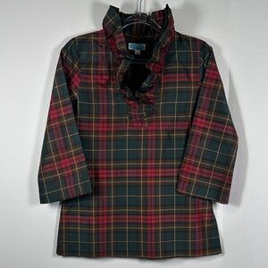 Devon Baer Silk Plaid Tunic Top 3/4 Sleeve Ruffle Neck Preppy Size M